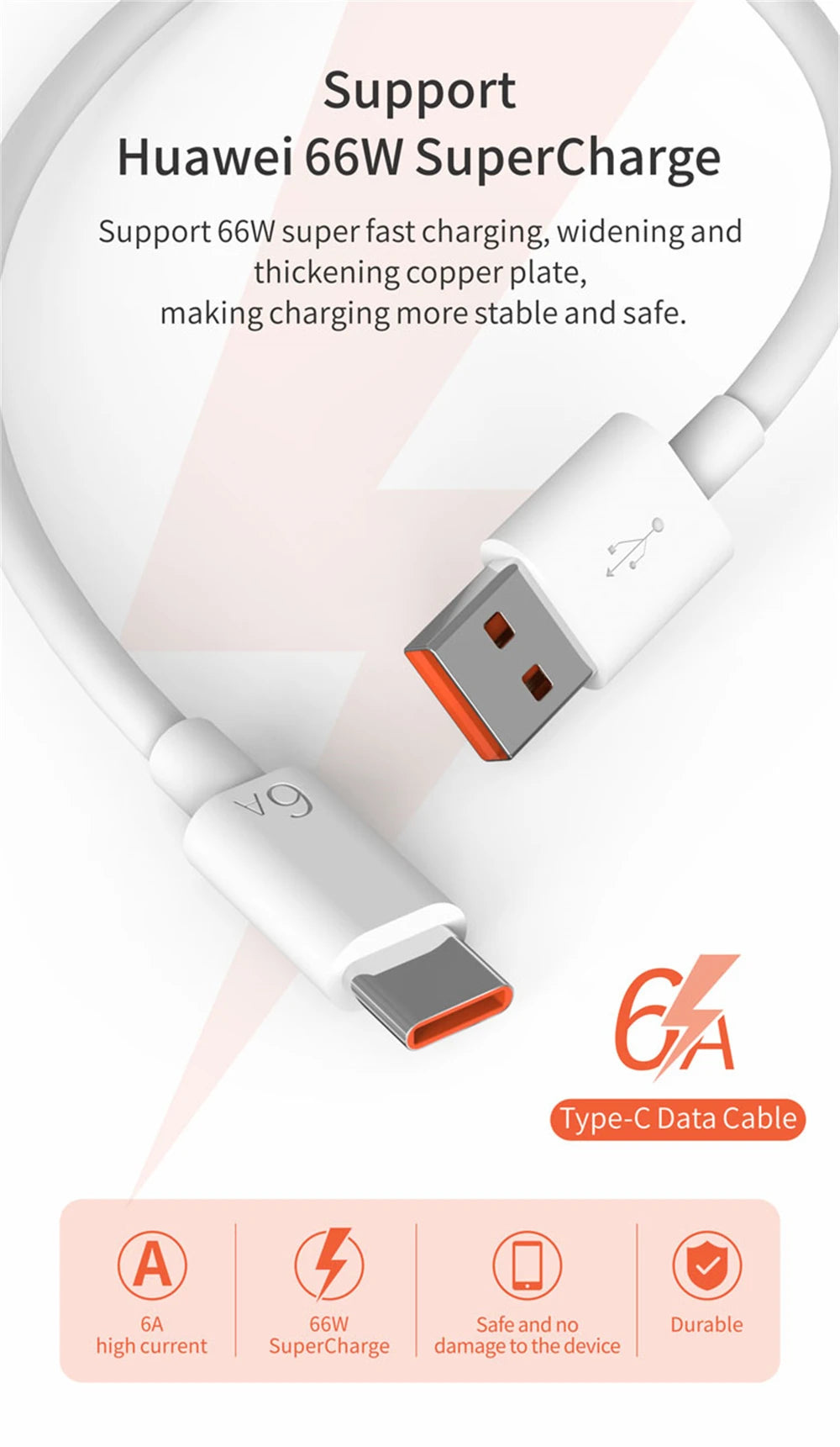 6A 66W Super Fast EU Wall Charger For Huawei Mate 40 50 60 P50 Nova 8 9 10 Honor 90 100 X7 X8 X9 Magic Type C Charging USB Cable
